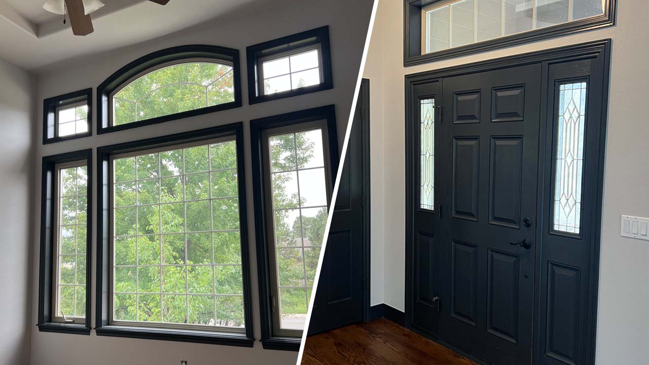 Split photo of interior painting details. On the left is a newly painted bay woindow. On the right the front door seen from the inside. Also new ly painted by painting contractors.