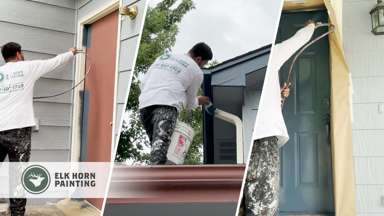 A three-image collage showcasing a professional painter expertly applying exterior paint to Krysti's home in Castle Rock, CO.