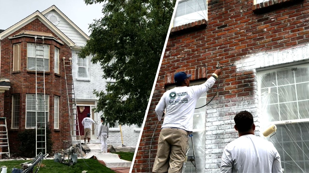 A split image featuring exterior painters at work, focused on transforming a brick exterior with a fresh coat of paint.