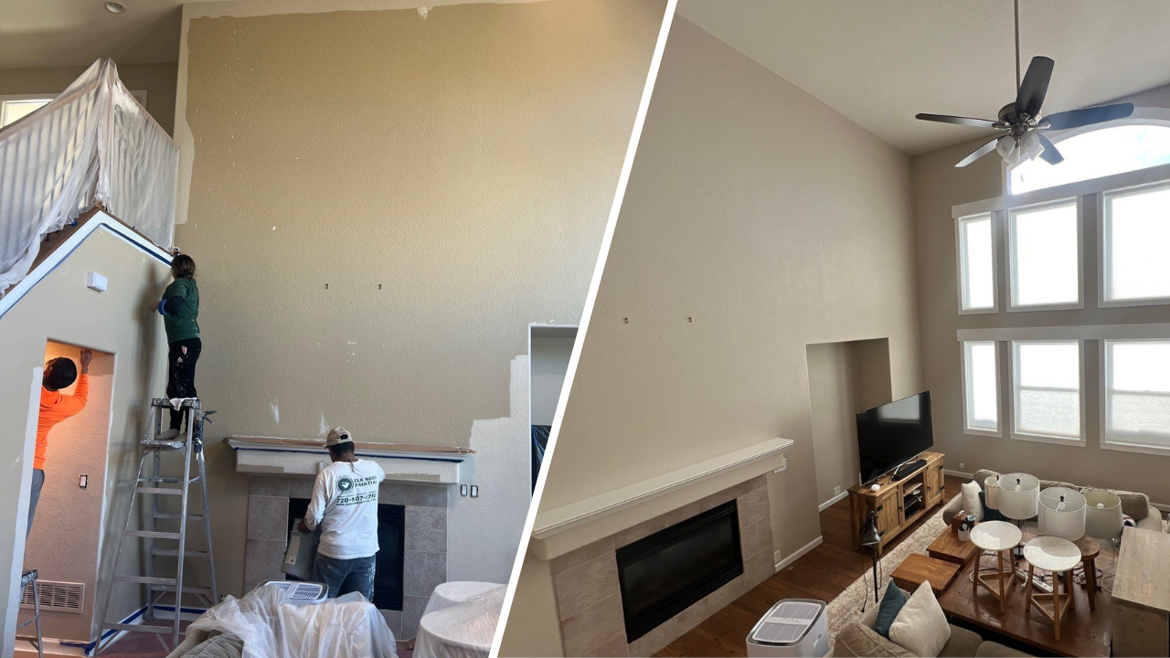 Split image of interior painting in progress and the final result, emphasizing how color and finish choices shape the overall look.