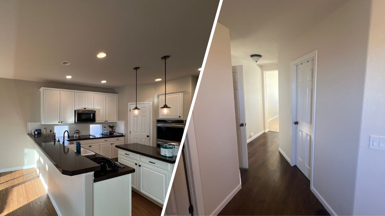 Split image of a freshly painted kitchen and hallway of a Castle Rock homeowner through expert interior painting.