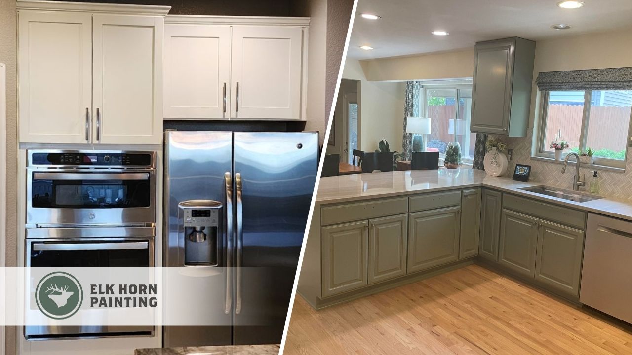 This is a split image showing two kitchen cabinet painting transformations—one in classic white and the other in a soft sage green.