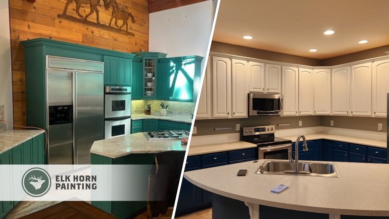 A vibrant split image showcasing bold cabinet color choices, including teal and a two-tone blue and white combination, professionally finished by Elk Horn Painting.