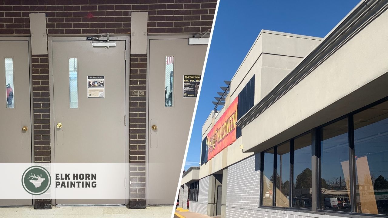 This is a split image showing both interior and exterior commercial painting services by Elk Horn Painting, highlighting clean lines and professional execution.