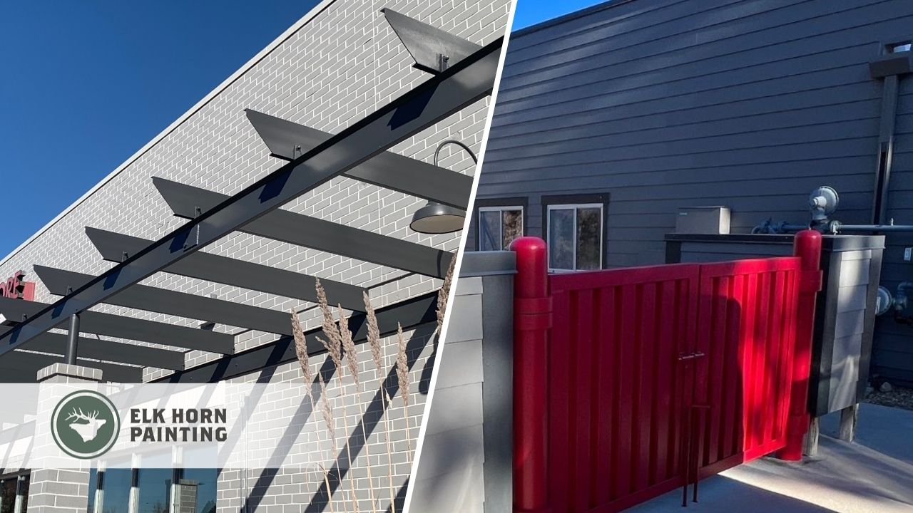 This split image showcases Elk Horn Painting’s commercial work, contrasting a vibrant red gate with a sleek gray-brick building exterior.