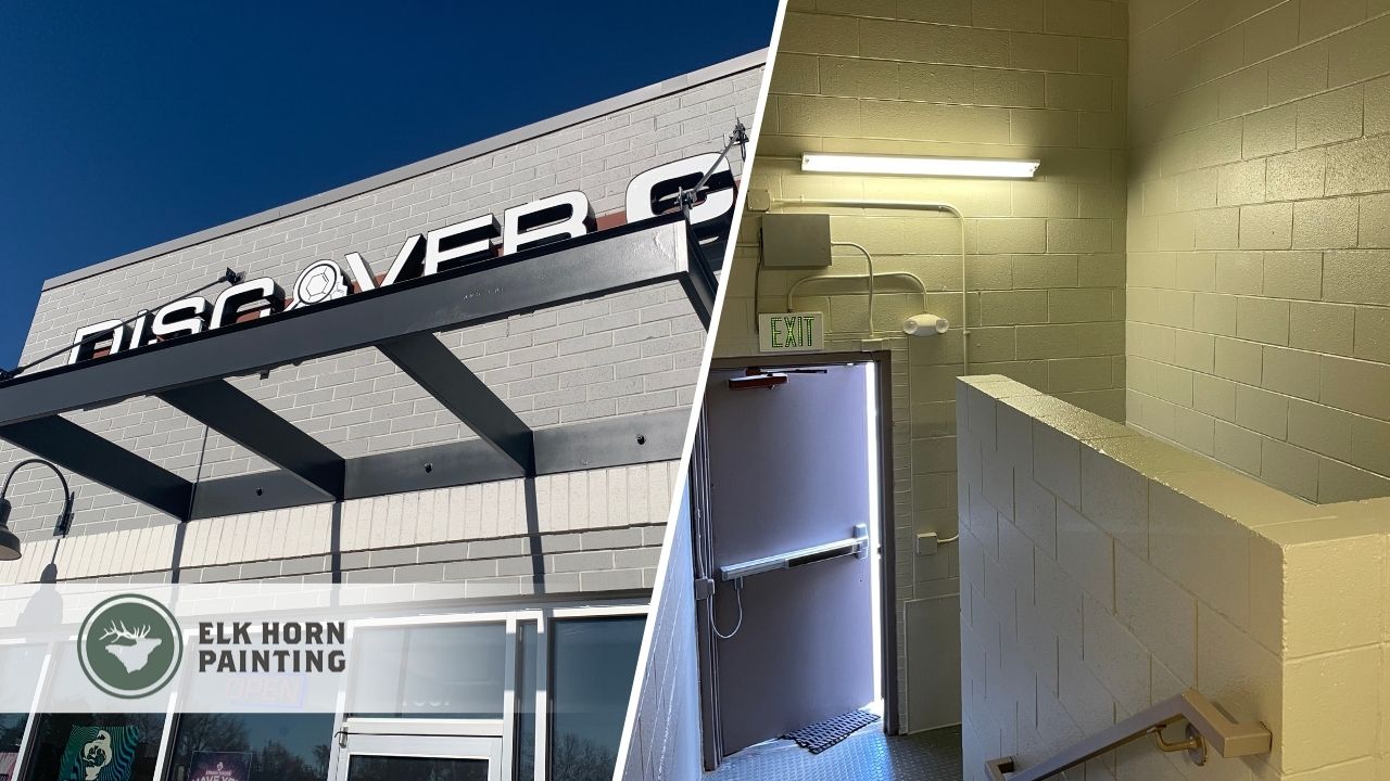 A side-by-side image of a commercial building exterior and interior stairwell area, freshly painted by Elk Horn Painting for a clean and updated look.