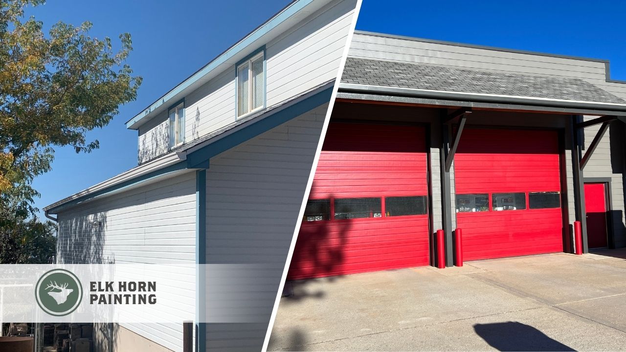 This is a split image of two garage doors. On the right is a bright red garage door at a fire house. On the left is a white residential garage door.