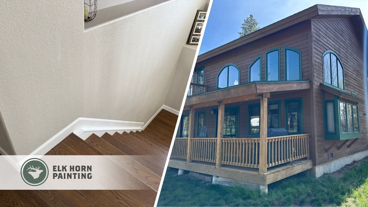 This is a split image of a staircase and the exterior of a home from a recent residential painting project in Denver. Co9lorado.