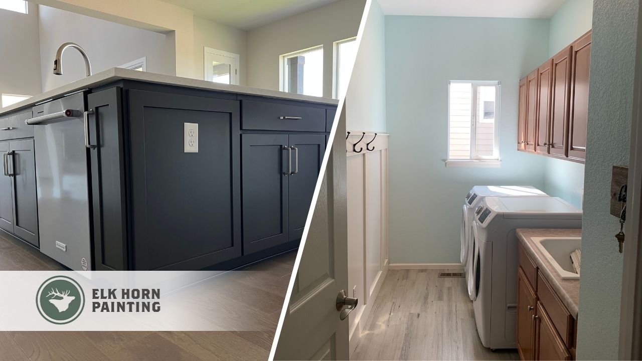 This is two images from a recently painting project. On the left is a kitchen island and on the right is a bathroom. Both have ben repainted.