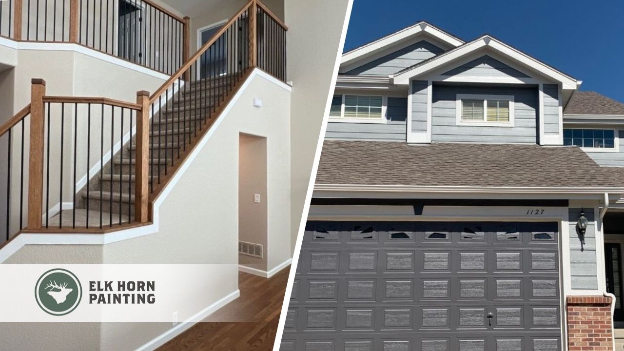 A split image of a staircase and an exterior of a house in Denver, CO.