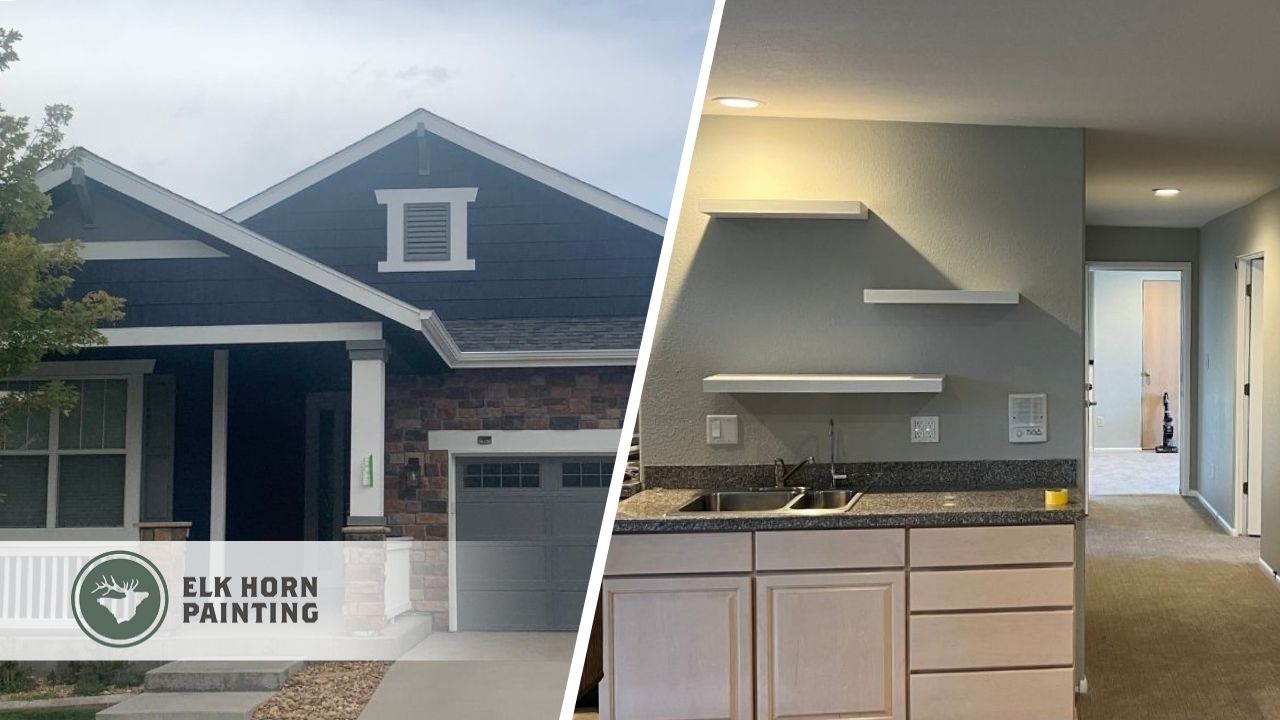 A split image of an exterior of a house with blue paint and a kitchen that is newly painted.