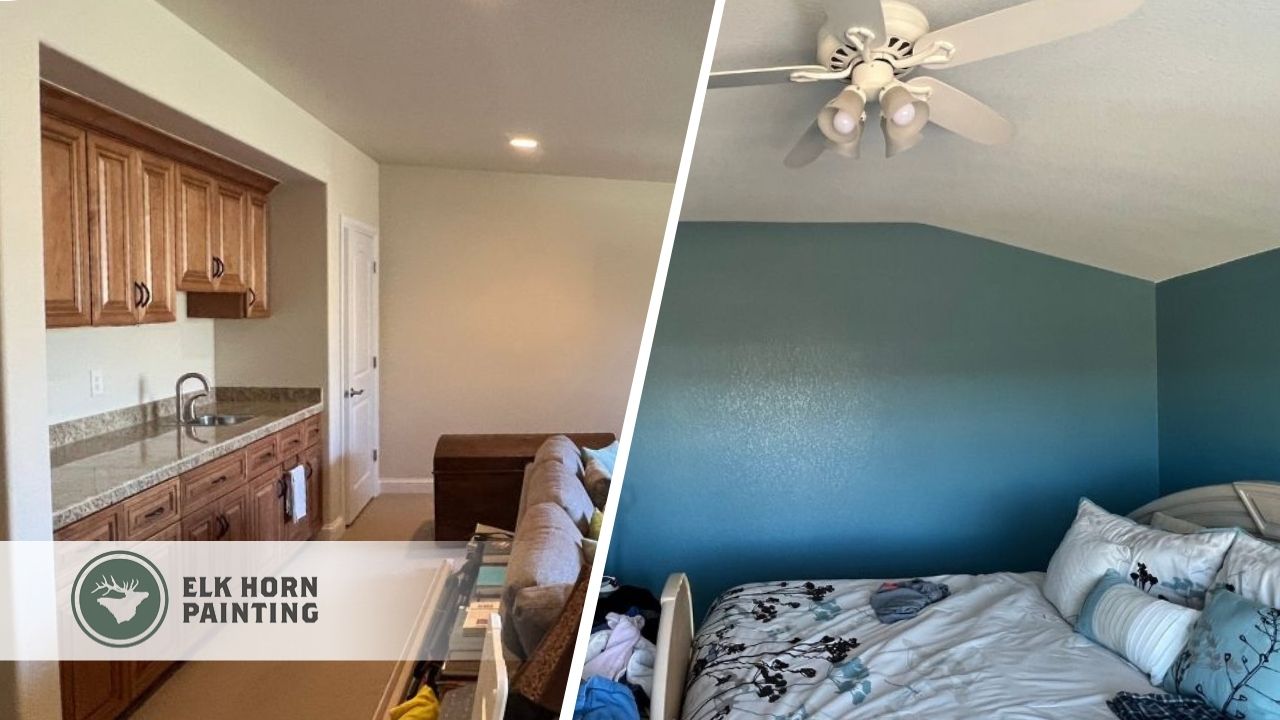 A split image of a bedroom with new paint, and a cabinet painting.