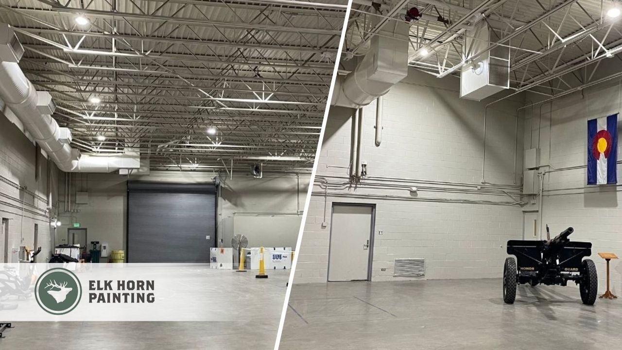 A side-by-side view of an industrial warehouse interior painted by Elk Horn Painting – Denver, showcasing clean walls, ceilings, and functional space clarity.