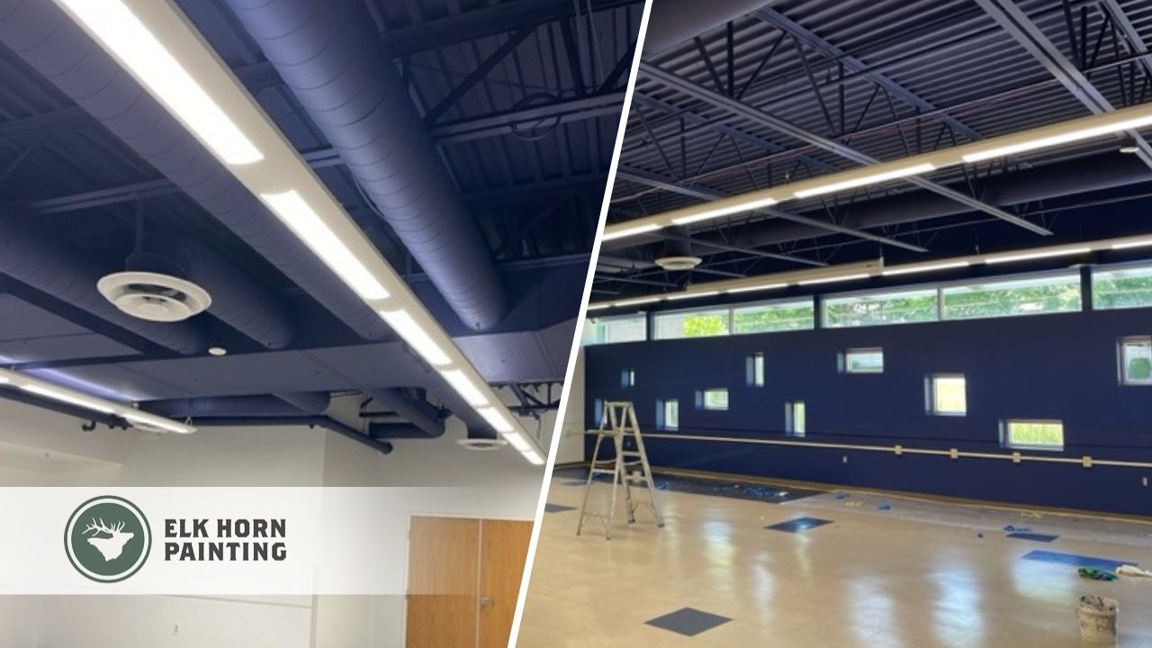 This split image displays interior painting work by Elk Horn Painting – Denver in an industrial facility, featuring precision work on ceilings, walls, and ventilation systems.