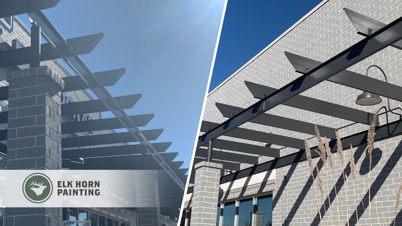 This split image shows the exterior metal and brick detailing of a commercial facility freshly painted by Elk Horn Painting – Denver, enhancing structure and contrast.