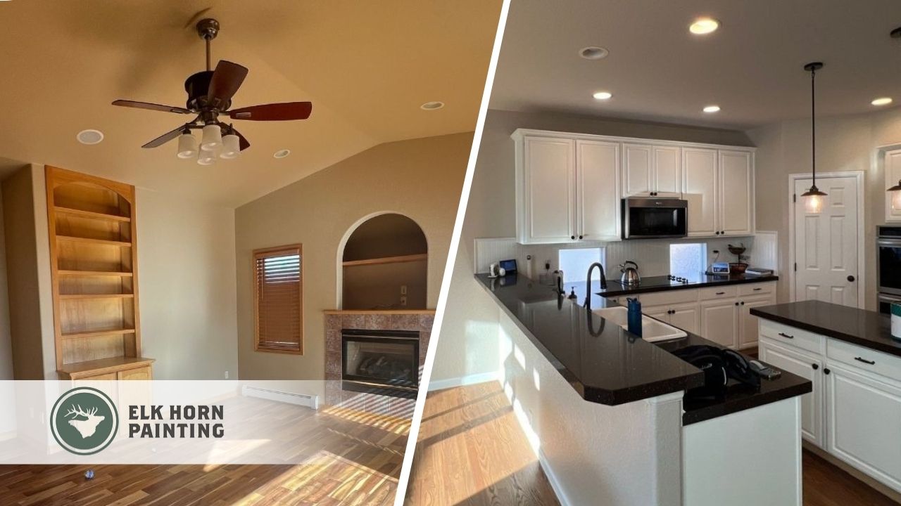 A split image of a house painted with cream paint and a kitchen aisle that is newly painted.