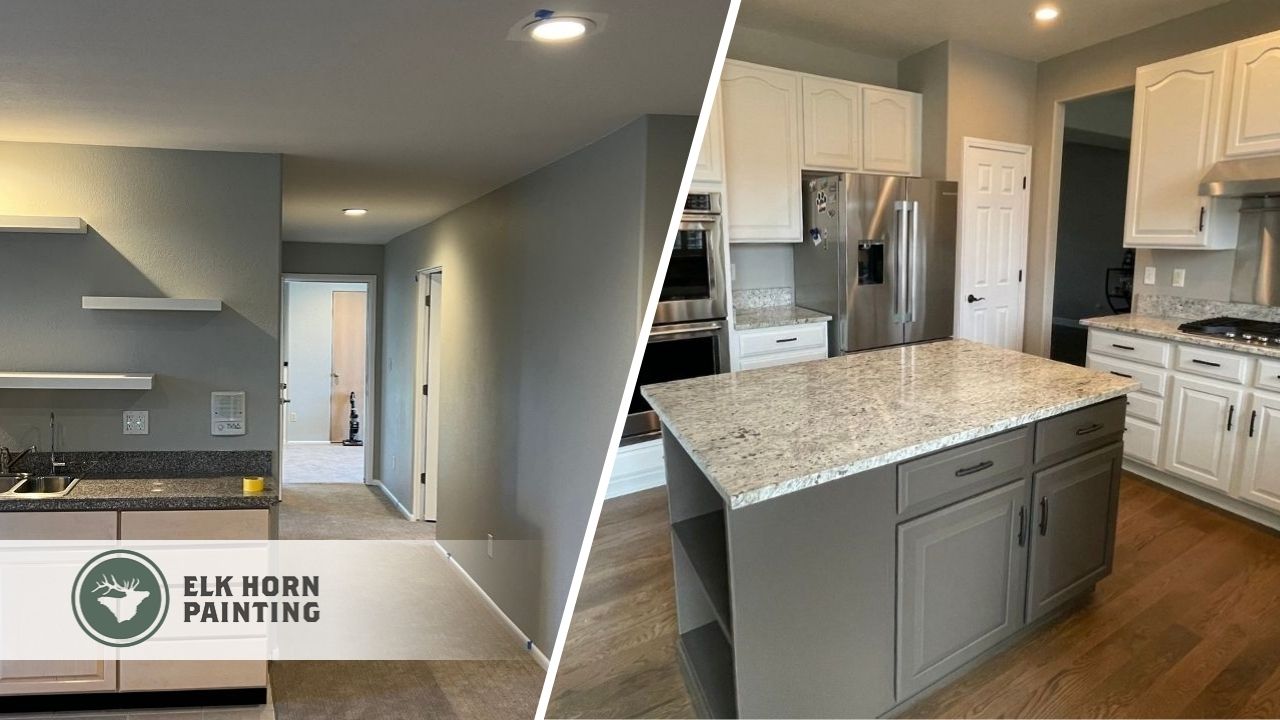 Split image showing a hallway and a kitchen with beautifully painted cabinets and walls in cohesive colors that enhance the space’s mood and flow.