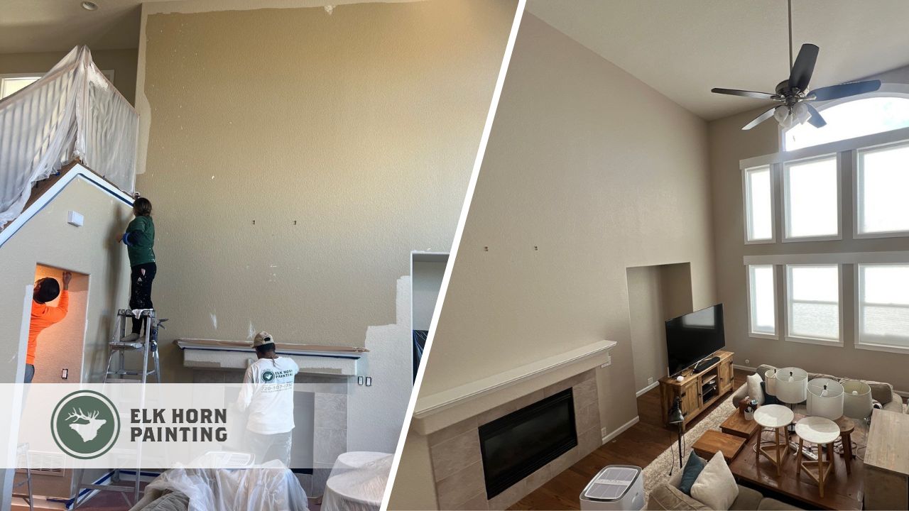 Split image of a painter at work and a freshly painted interior, showing quality interior painting results in Denver, CO.