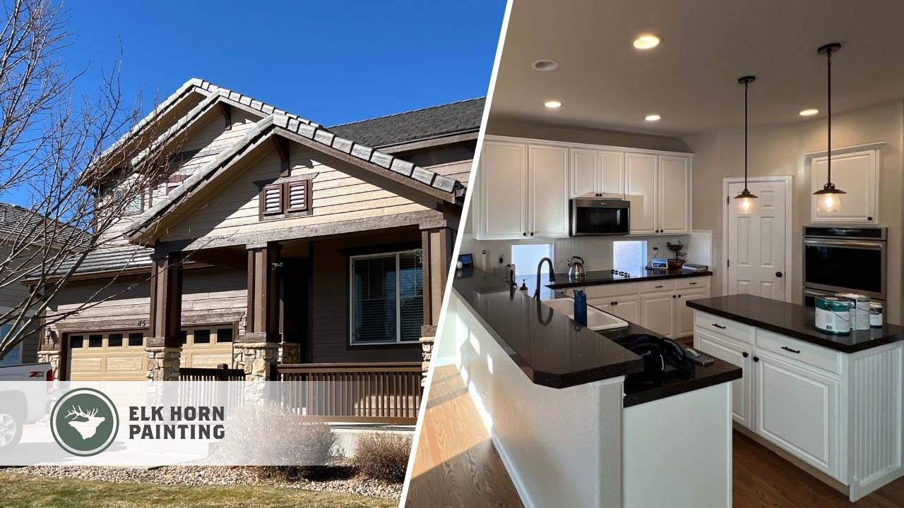 This is a split image of a newly painted home in Denver. On thelef tis the exterior and on the right is the kitchen with a new island and painted cabinets.