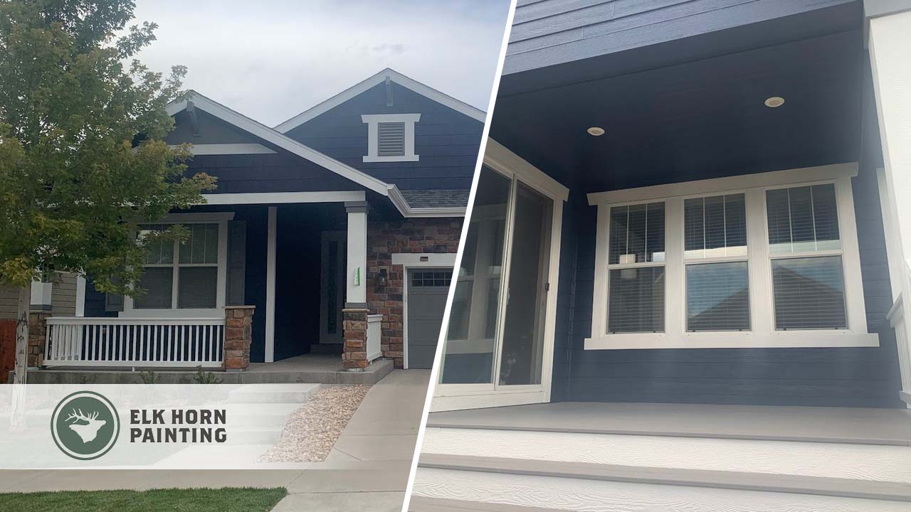 This is a split image of a house painting project in Denver, Colorado. On the left is the front of the house. On the right is a close-up detail of the front door and porch area.