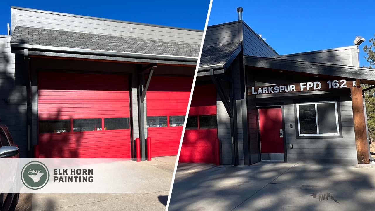 This is a split image of a fire station that was recently repainted. The first station is in the Denver Colorado area.