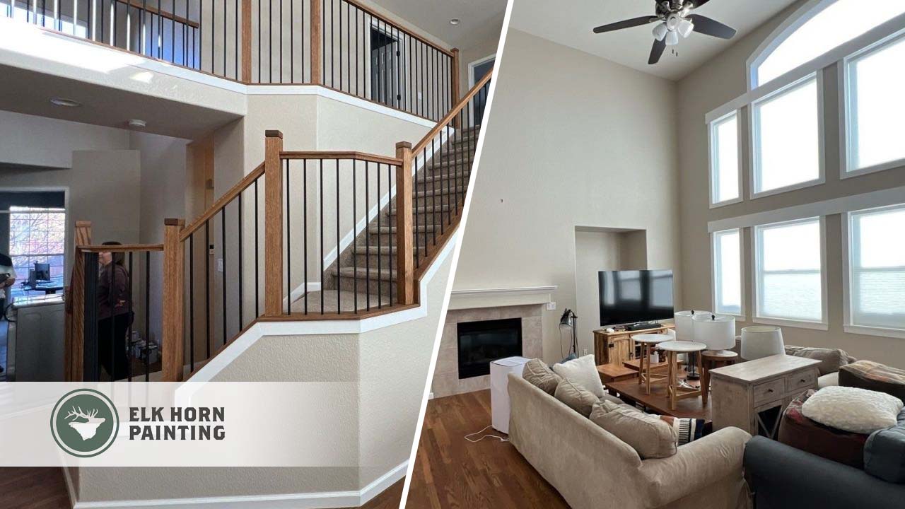 This is a split image of a home in Denver that was painted. ON the left is the staircase and on the right is the li9ving room with large winfows. The living room is brightly lit.