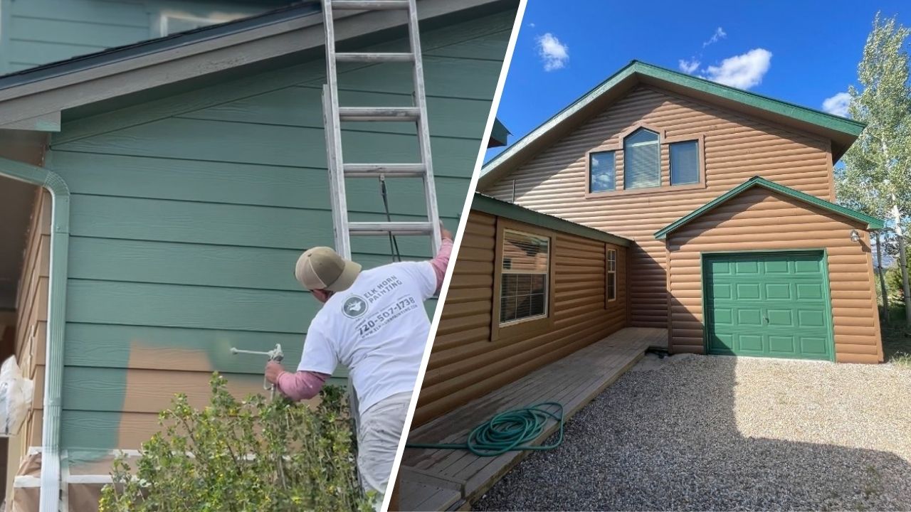 Split image showing a professional painter at work and a completed, beautifully painted house exterior.