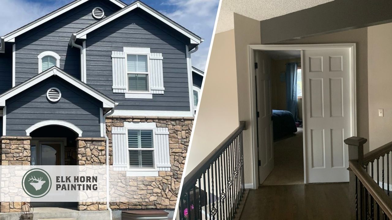 A split image showing both the exterior and interior painting of a home by Elk Horn Painting—highlighting bold exterior tones and subtle, cohesive interior colors.