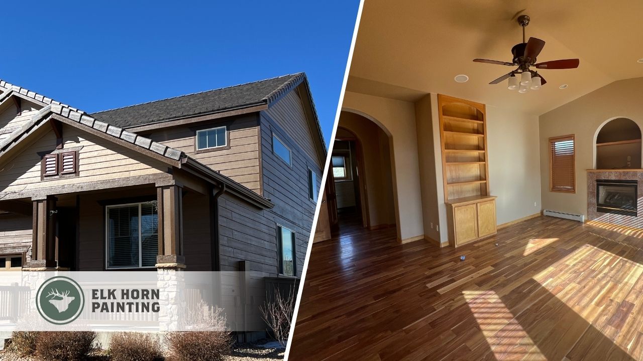 A split image of a recently painted home exterior and a warm-toned interior living space, both professionally completed by Elk Horn Painting in Denver.