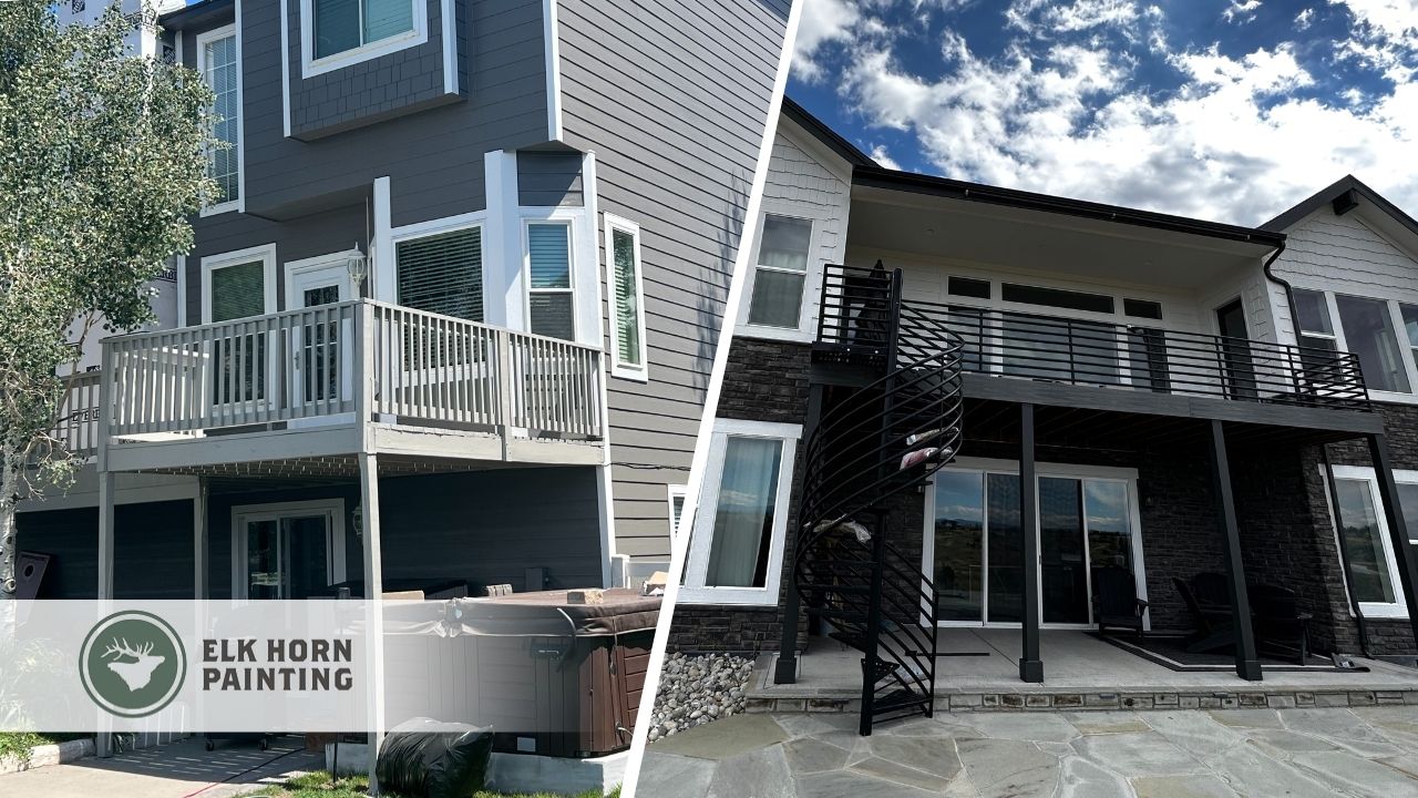 This is a split image of a house with black deck and a house with gray deck.