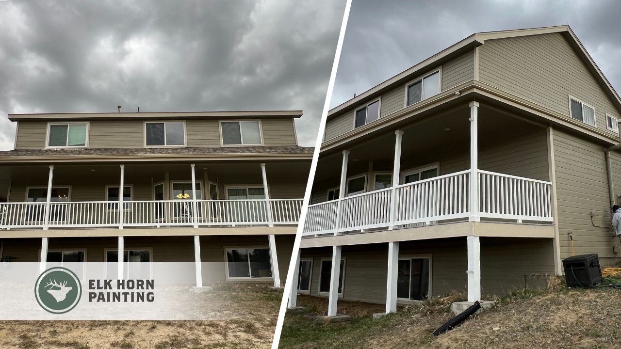 This is a split image of a house with white painted deck.