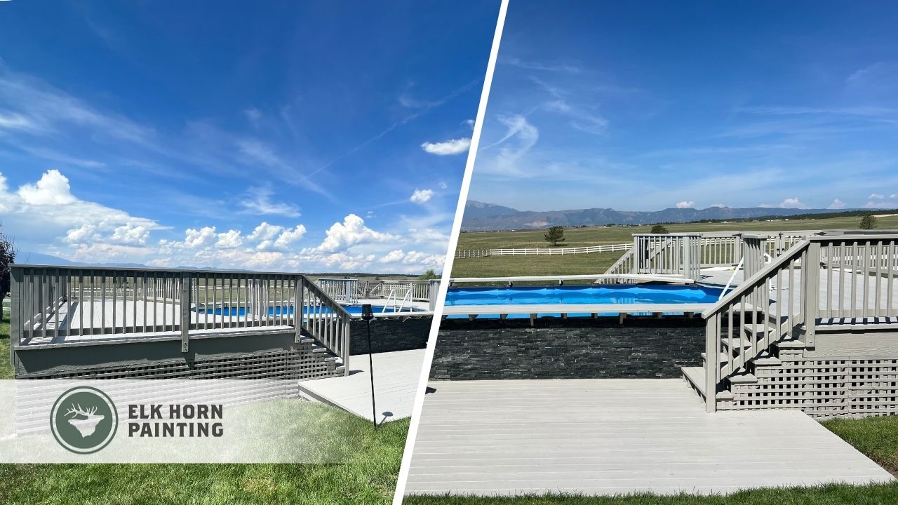 This is a split image of a gray painted deck with swimming pool in the middle.