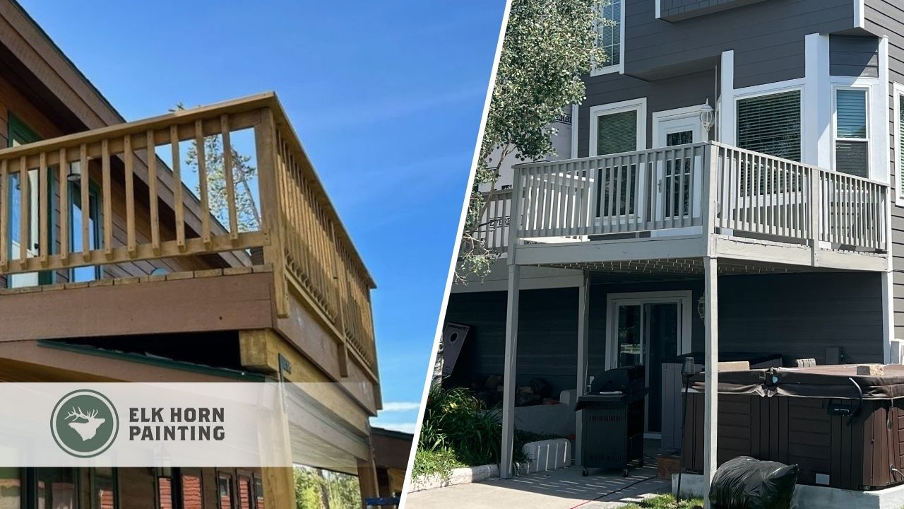 A before-and-after split image showing the transformation of a wooden deck railing by Elk Horn Painting – Denver, refreshed with modern paint for improved style and protection.