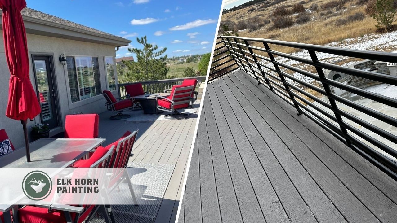 A side-by-side image of a backyard deck stained and painted by Elk Horn Painting – Denver, creating a clean and comfortable space for outdoor living.