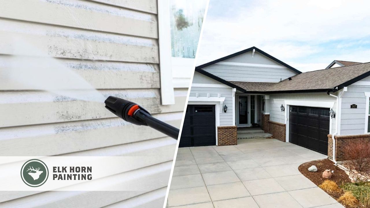 Split image showing siding and driveway pressure washing by Elk Horn Painting – Denver, helping prepare surfaces for painting and restoring curb appeal.