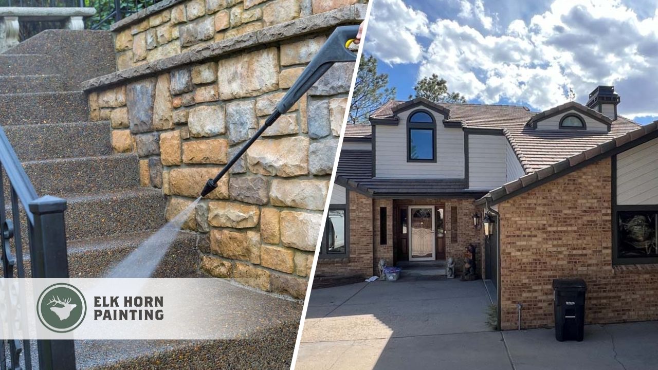 A split image combining stone stair pressure washing with a freshly cleaned home exterior by Elk Horn Painting – Denver, demonstrating attention to detail on all surfaces.